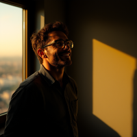 A man smiles contentedly by a window, illuminated by warm sunset light, embodying the idea of viewing the world through his unique perspective.