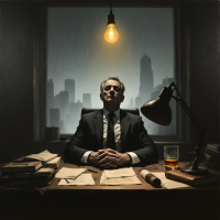A man in a suit sits at a cluttered desk under a single hanging light, rain visible through a window behind him, embodying the weight of remembering amidst forgetfulness.