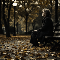 An elderly person sits on a park bench surrounded by fallen leaves, gazing thoughtfully into the distance, embodying the quiet importance of memory amidst life's passage.