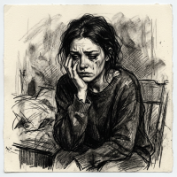 A black-and-white sketch of a woman sitting with her head resting on her hand, tears streaming down her face, conveying deep self-hatred and sorrow.