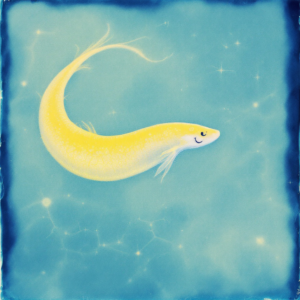 A small, yellow, leech-like creature swims gracefully in a blue, starry environment, embodying a sense of whimsy and otherworldliness.