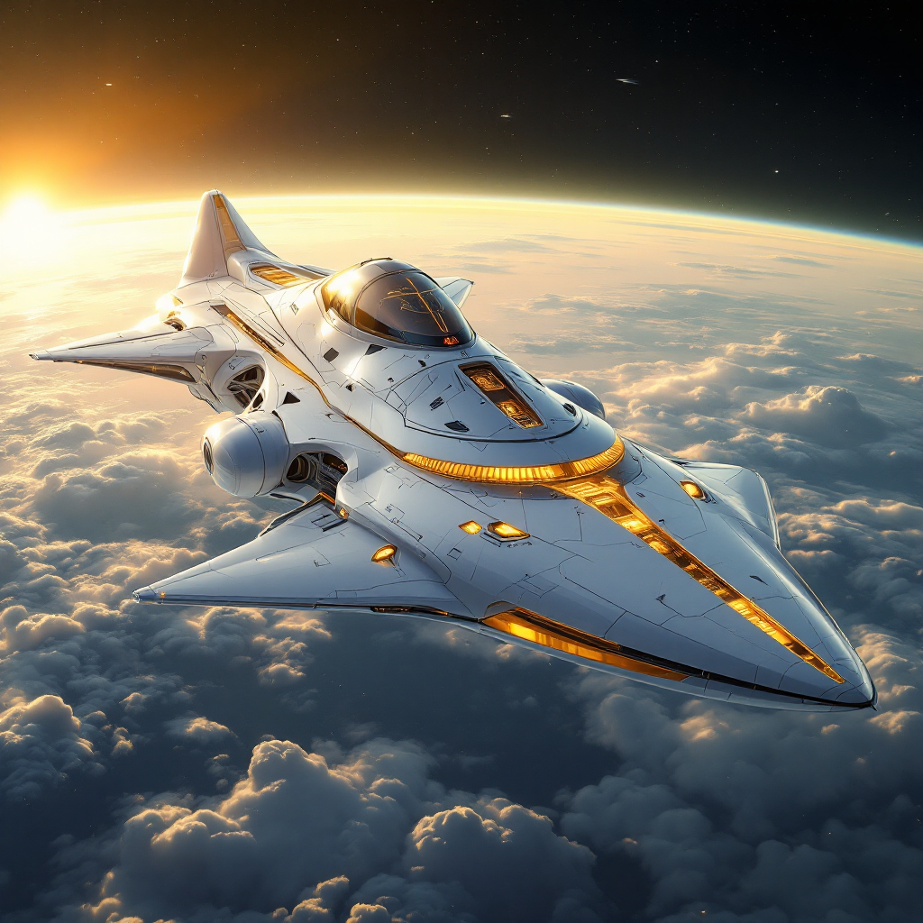 A sleek, white starship, resembling a running shoe, glides above the clouds, radiating beauty, with the mysterious Heart of Gold device hidden inside.