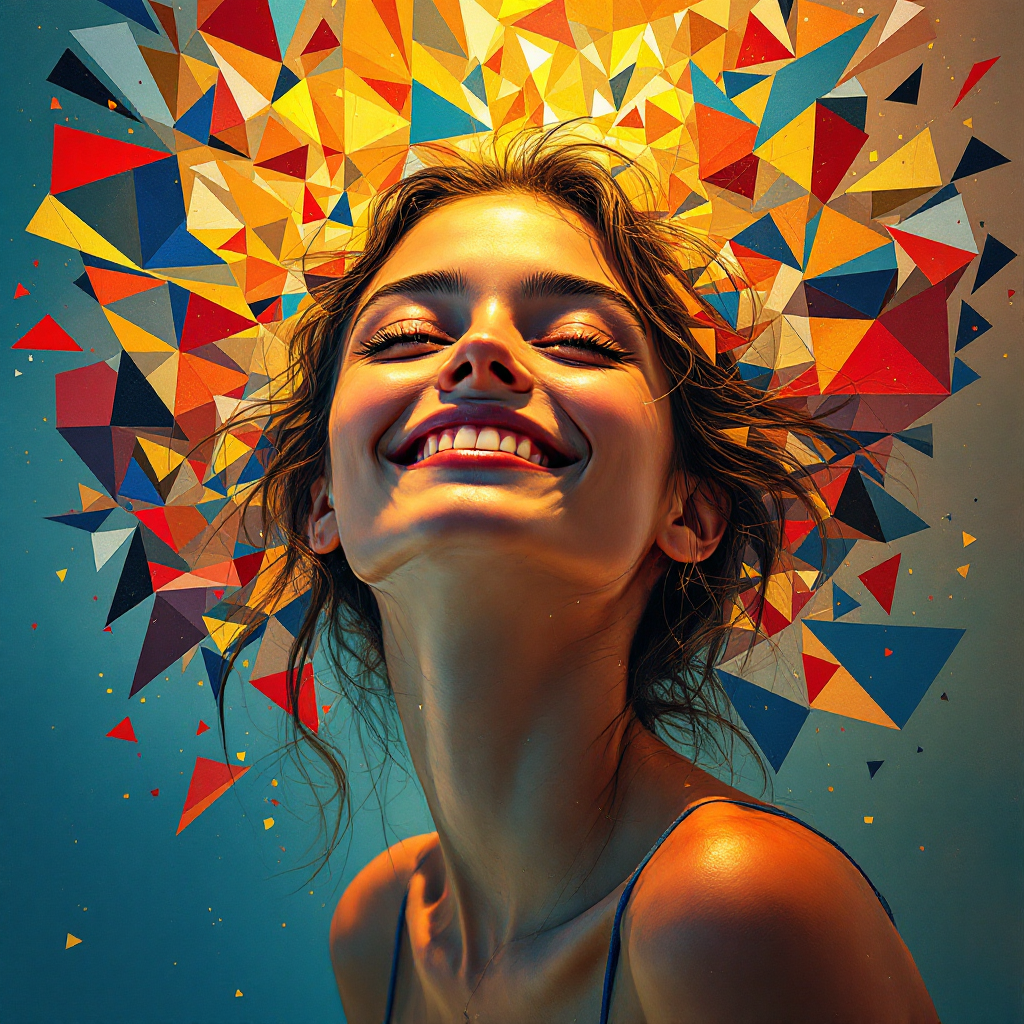 A joyful woman smiles brightly, her head surrounded by a vibrant explosion of colorful geometric shapes, embodying the essence of pursuing happiness.