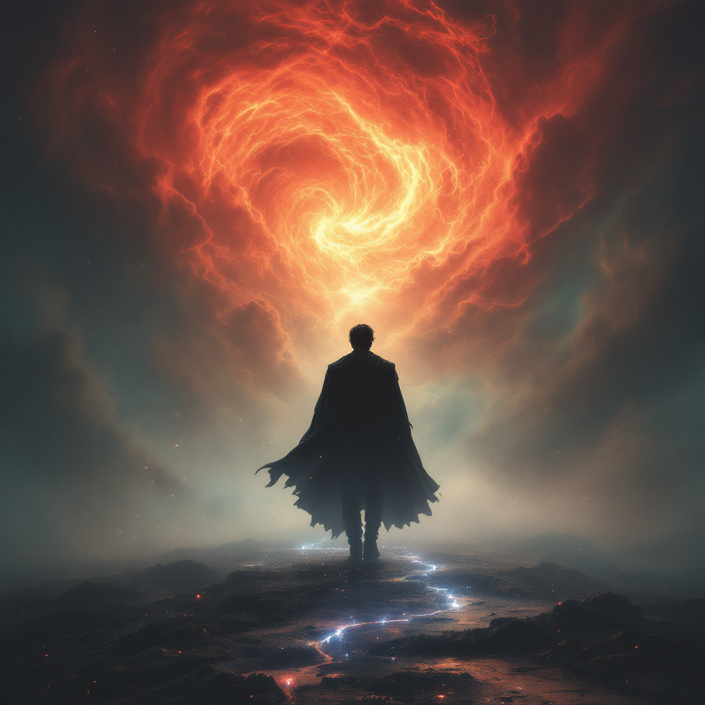 A silhouette of a figure in a cape stands before a swirling, fiery vortex, embodying strength and mystery, reflecting the quote about standing between desires and dreams.