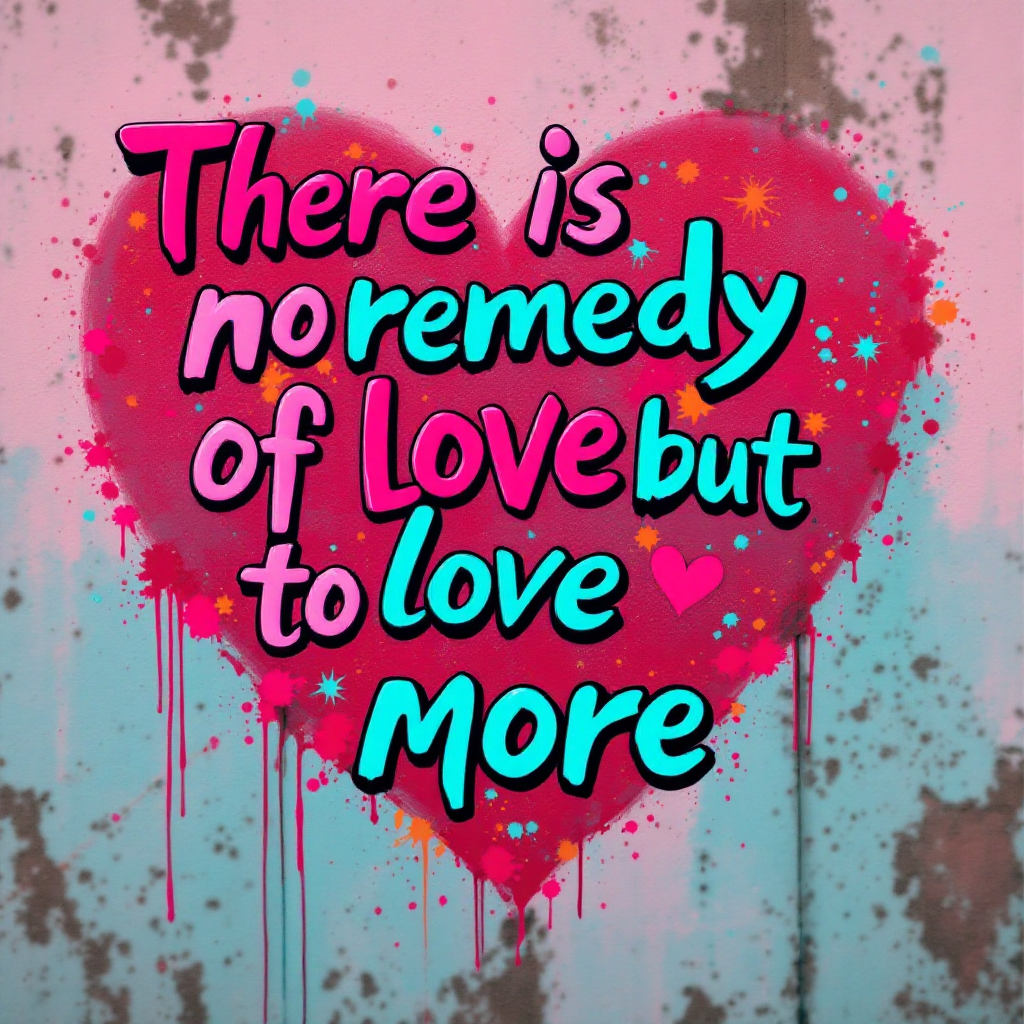 A vibrant, graffiti-style heart features the quote, There is no remedy for love but to love more, blending bold colors and playful typography against a textured background.