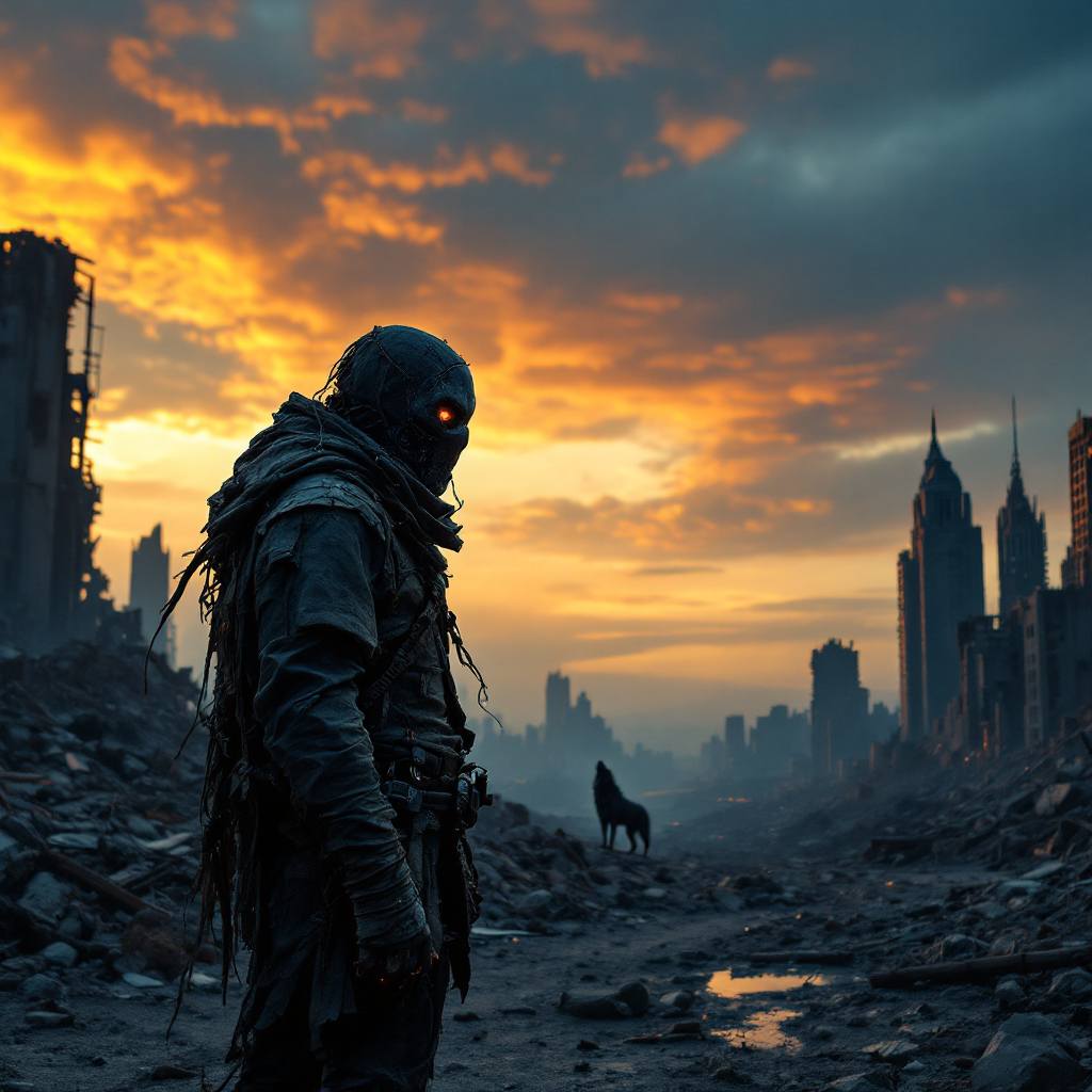 A lone figure in tattered clothing stands amidst a ruined city at sunset, embodying resilience in a world where survival demands questioning everything. A dog silhouettes in the background.