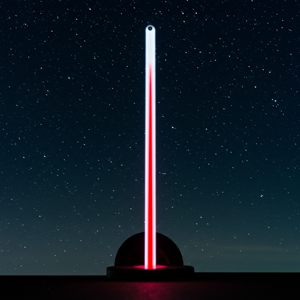 A stark, illuminated pole stands against a starry night sky, its red and white lights contrasting with the darkness, embodying the duality of reality and aspiration in writing.