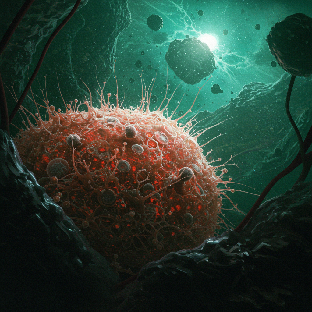 A vibrant, abstract representation of a cellular structure, surrounded by smaller particles, set against a mystical underwater backdrop with glowing light and deep shadows.