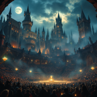 A grand arena filled with spectators, illuminated by glowing lanterns, surrounded by towering castles under a moonlit sky, capturing the excitement of the Triwizard Tournament.