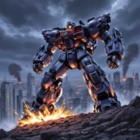 A towering robotic figure stands on rocky ground, emitting sparks, against a dramatic city skyline filled with smoke and chaos, embodying a strategic approach of surprise and strength.