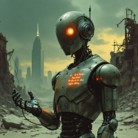 A humanoid robot stands in a desolate urban landscape, gazing thoughtfully, embodying the quote about the difficulty of choosing to do the right thing over inaction.