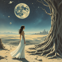 A woman in a flowing white dress stands beneath a large moon, gazing at a distant city. The stark, surreal landscape blurs the line between reality and nightmare.