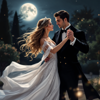 A couple dances together under the moonlight, embodying the quote about life's rhythm, as the man's tuxedo contrasts beautifully with the woman's flowing white gown.