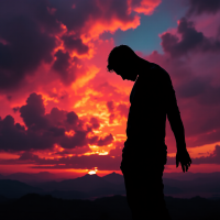 A silhouette of a man stands against a vibrant sunset, embodying the internal struggle suggested by the quote, Sometimes, the hardest battles are fought within ourselves.