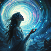 A woman stands with outstretched hands against a swirling cosmic backdrop, embodying contemplation and wonder in a world where future choices are visible. Stars and light radiate around her.