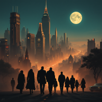 Silhouettes of diverse individuals walk towards a glowing city under a bright moon, embodying the profound connections we share, set against a backdrop of towering skyscrapers.