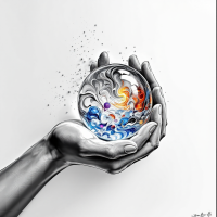 A hand holds a swirling sphere with colorful fish and water, symbolizing the fragile balance of remembering what is essential amid fading details.