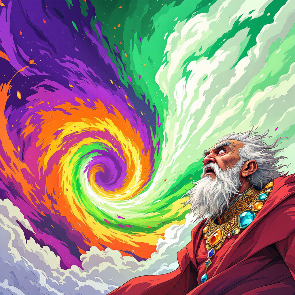 A wise figure with a long beard gazes upward as vibrant swirls of purple, green, and orange clouds spiral dramatically, embodying the intense force of a compound mind.