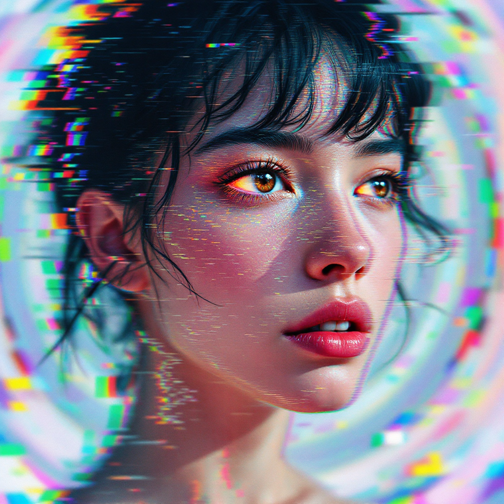 A close-up of a young woman with striking features and expressive eyes, surrounded by a blurred, colorful distortion effect, reflecting resilience amid challenges.