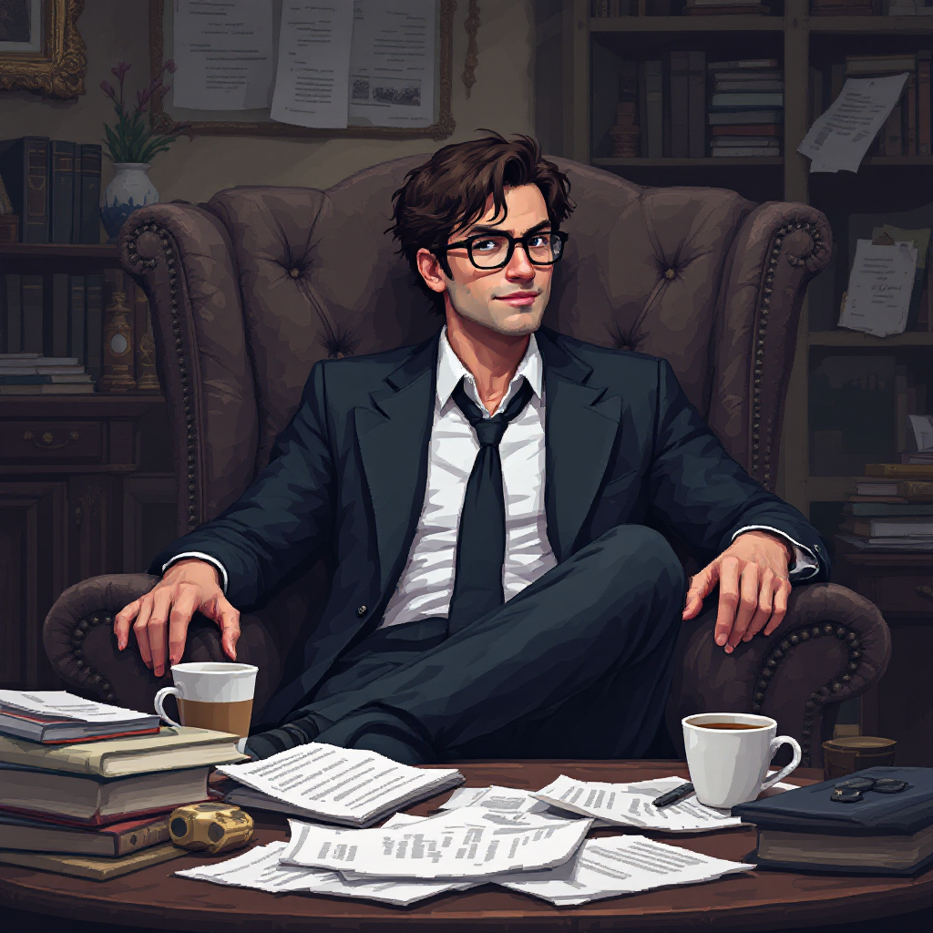 A thoughtful man in a suit sits confidently in an armchair, surrounded by papers and books, embodying the quote about persistence in problem-solving. Two cups of coffee rest on the table.