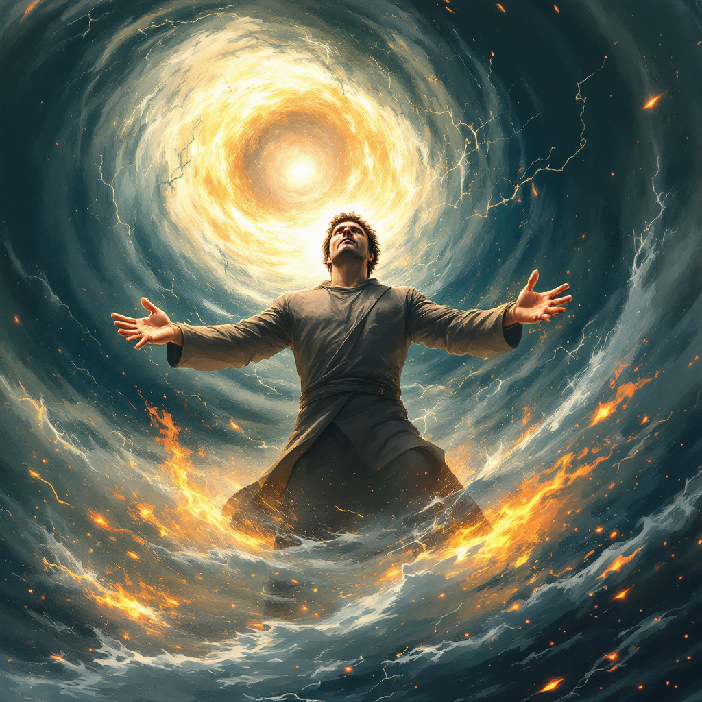 A man stands amid swirling storm clouds and flames, arms outstretched towards a bright light, embodying resilience and strength in the face of chaos.