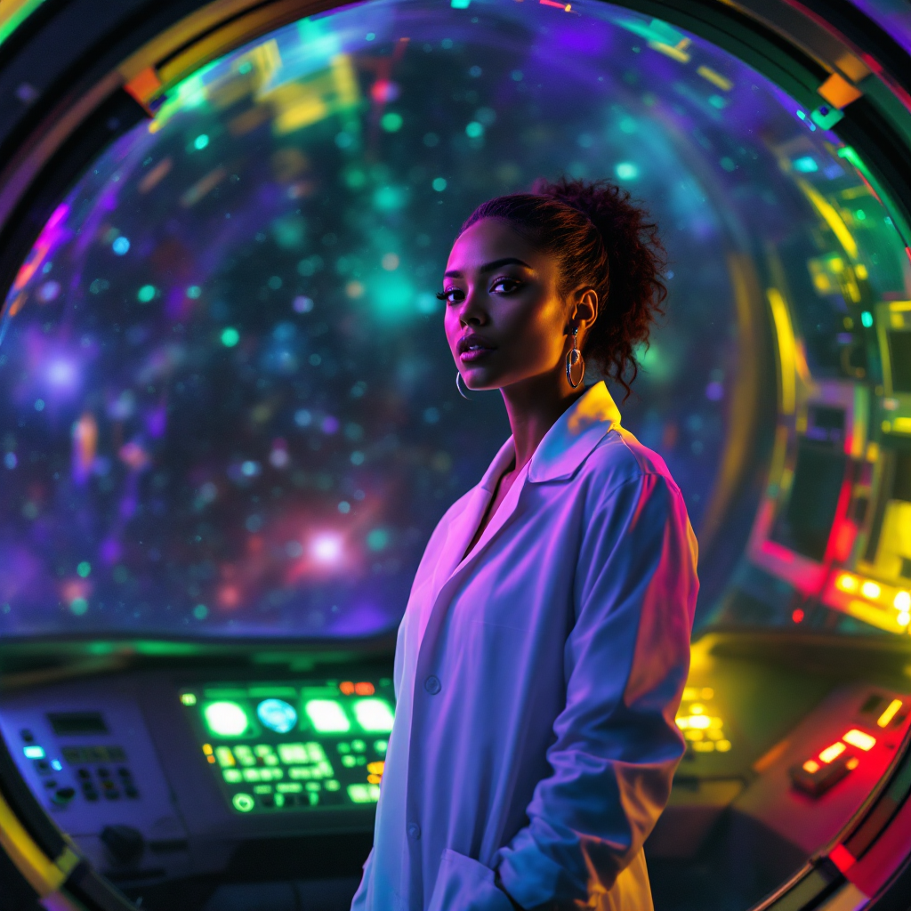A confident woman in a lab coat stands inside a futuristic airlock glowing with colorful lights, embodying the quote, Ideas can be killed... With better ideas.