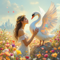 A serene scene of a young woman in a flowing dress, gently touching a majestic swan amidst a vibrant field of flowers, embodying love's beauty and risk as a profound gift.