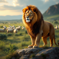 A majestic lion stands confidently on a rock, surveying a meadow filled with grazing sheep, embodying the quote, A lion does not concern himself with the opinion of sheep.