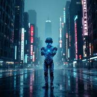 A lone humanoid robot stands in a neon-lit city, surrounded by towering skyscrapers and reflective rain-soaked streets, evoking feelings of isolation and the pang of guilt described in the quote.