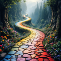 A winding, colorful cobblestone path leads through a lush forest, surrounded by vibrant flowers and trees, evoking the idea of new beginnings and connections inspired by the quote.