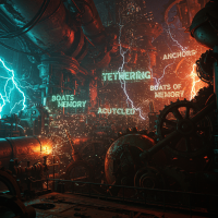 A dramatic scene with industrial machinery and lightning, featuring glowing text: anchors, tethering, and boats of memory, evoking the quote about memory's resilience against chaos.