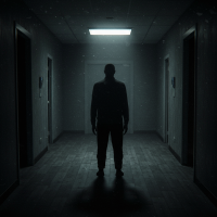 A shadowy figure stands alone in a dim, empty hallway, surrounded by a faint, unsettling haze that obscures awareness and memory of their presence.