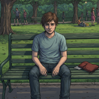 A young man sits alone on a park bench, looking pensive and isolated, embodying the challenge of fighting an unseen enemy.