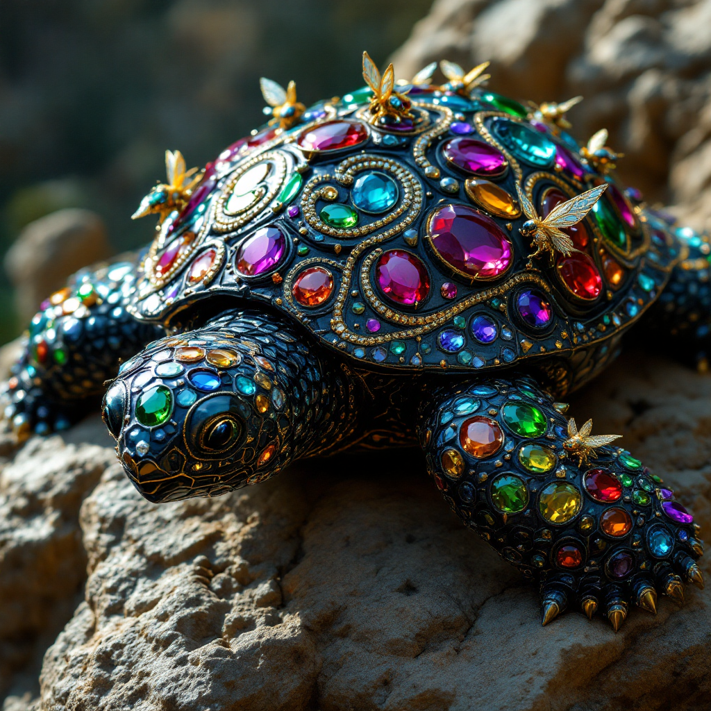 A jeweled turtle rests on a rock, its shell adorned with colorful, spiraling gems and gold chains. Small, gem-encrusted critters move gracefully across its surface, reflecting light.