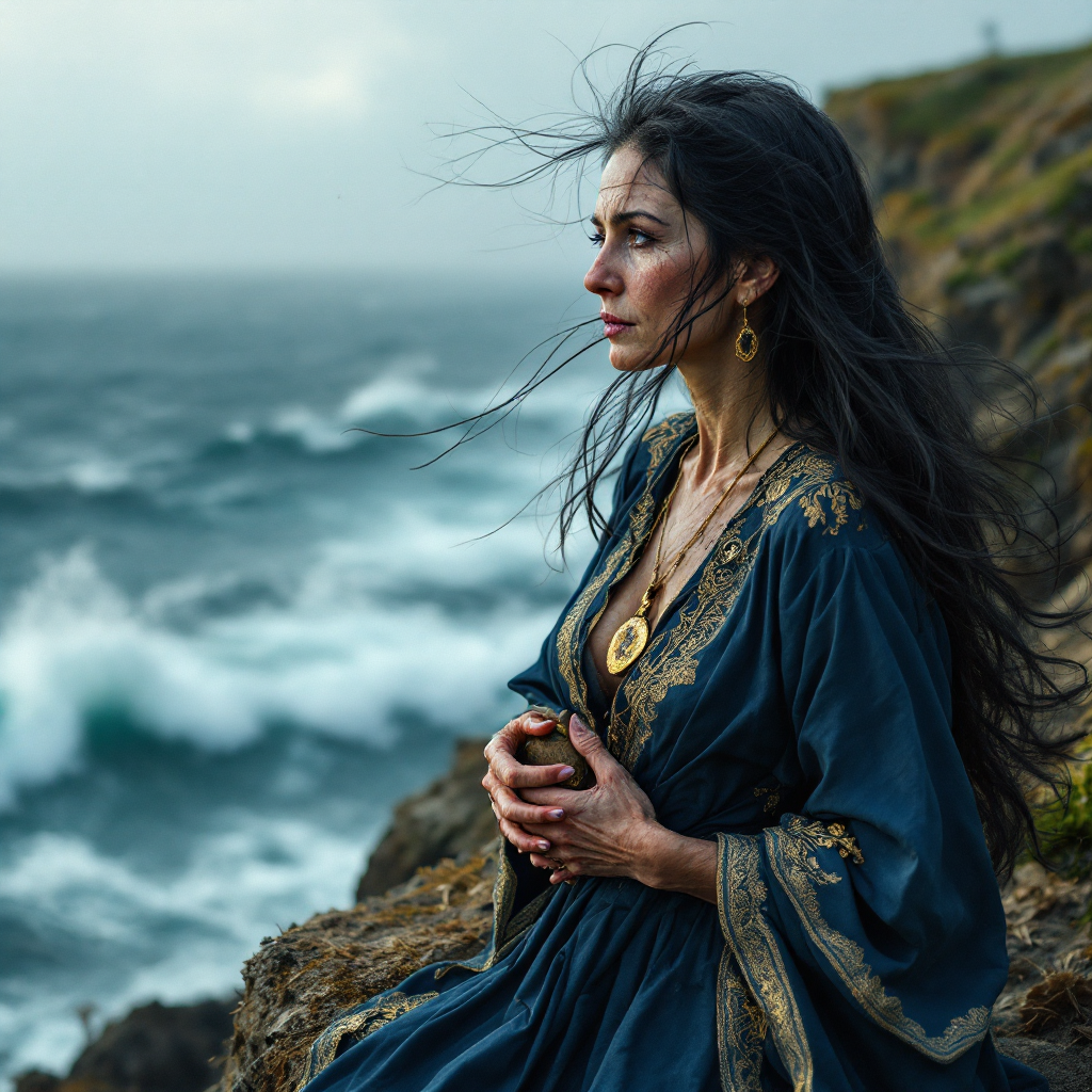 A woman in a flowing blue gown stands on a rocky shore, gazing pensively at the turbulent sea, embodying the sentiment that some old wounds bleed anew with the slightest word.