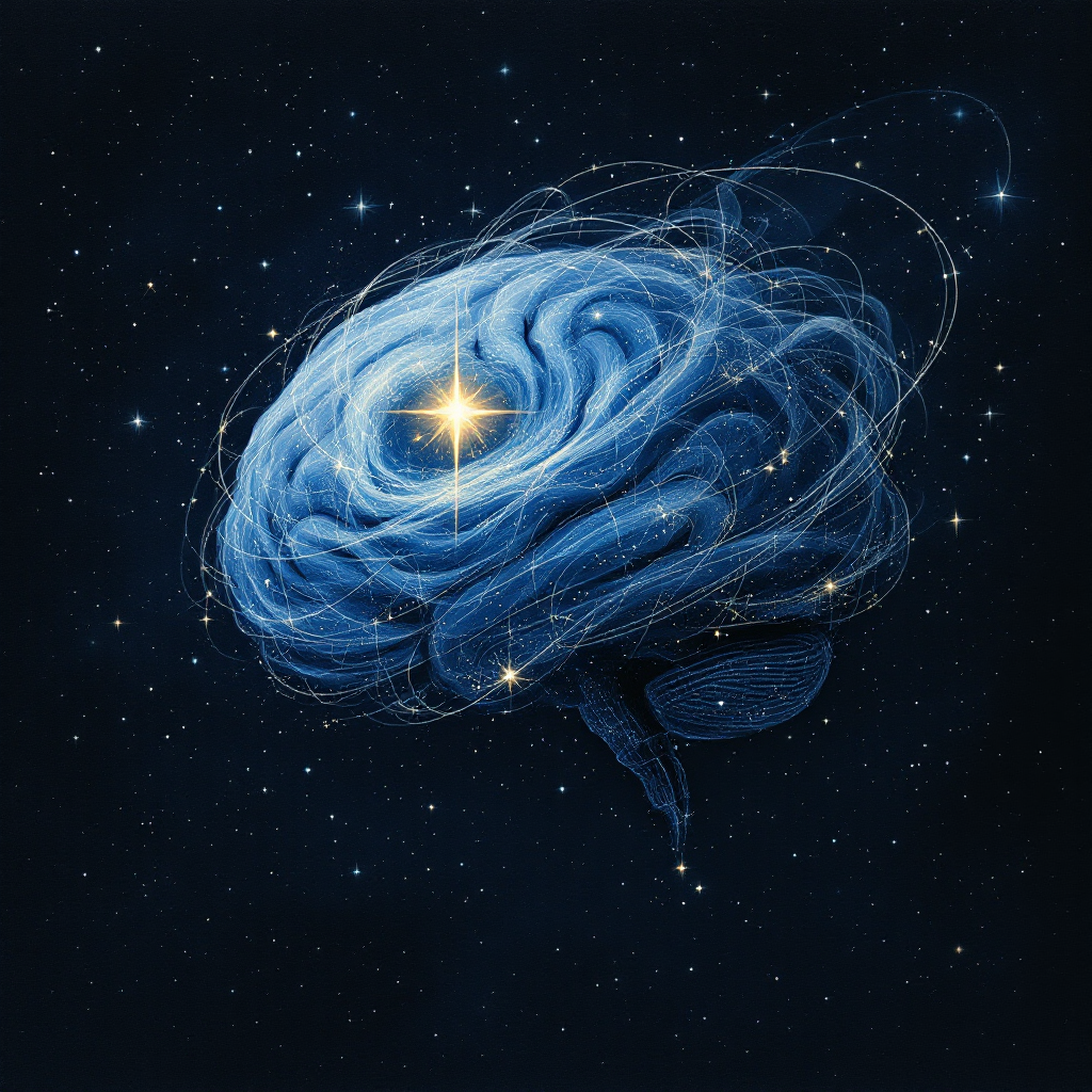 A cosmic brain, illuminated by a central star, floats in a dark, starry universe, symbolizing the infinite perspectives and worlds within each mind.