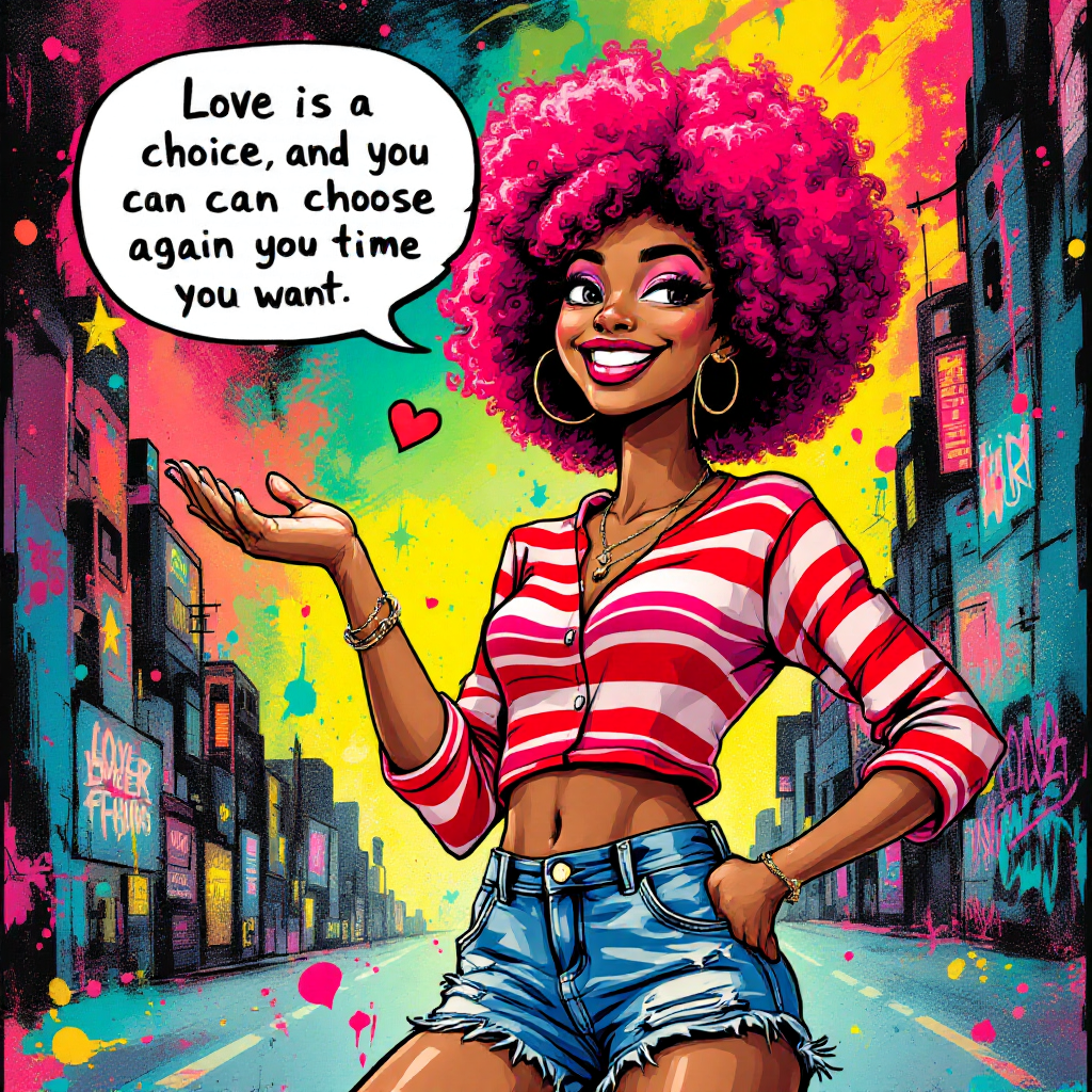 A vibrant illustration features a confident woman with curly pink hair, wearing a striped top and denim shorts, gesturing as a colorful cityscape fills the background. The quote on love is highlighted.