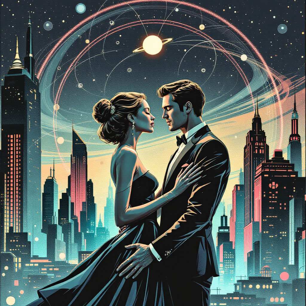 A couple in formal attire embraces in a vibrant cityscape, surrounded by celestial motifs, symbolizing love as a profound connection and understanding.