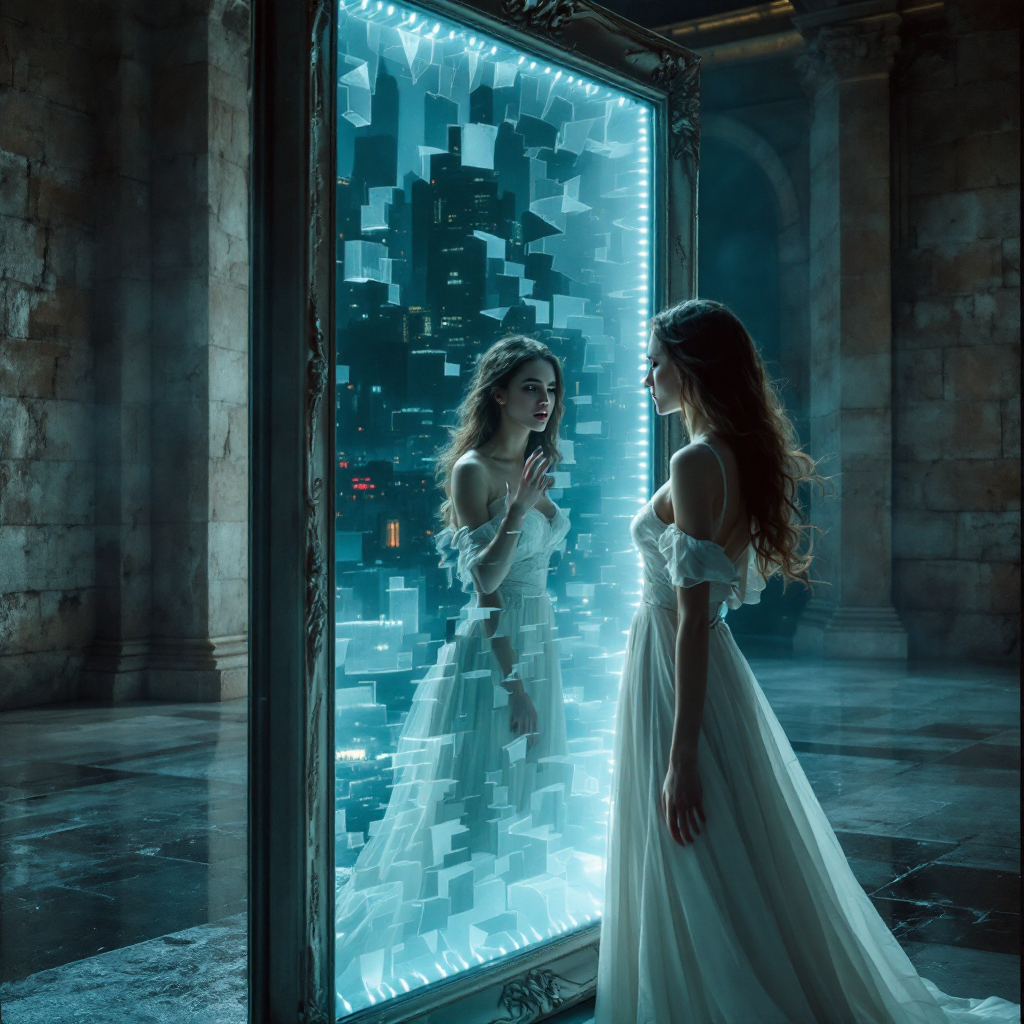 A woman in a flowing white dress gazes into a shattered mirror, reflecting her inner struggle, embodying the quote about battling oneself amidst ethereal surroundings.