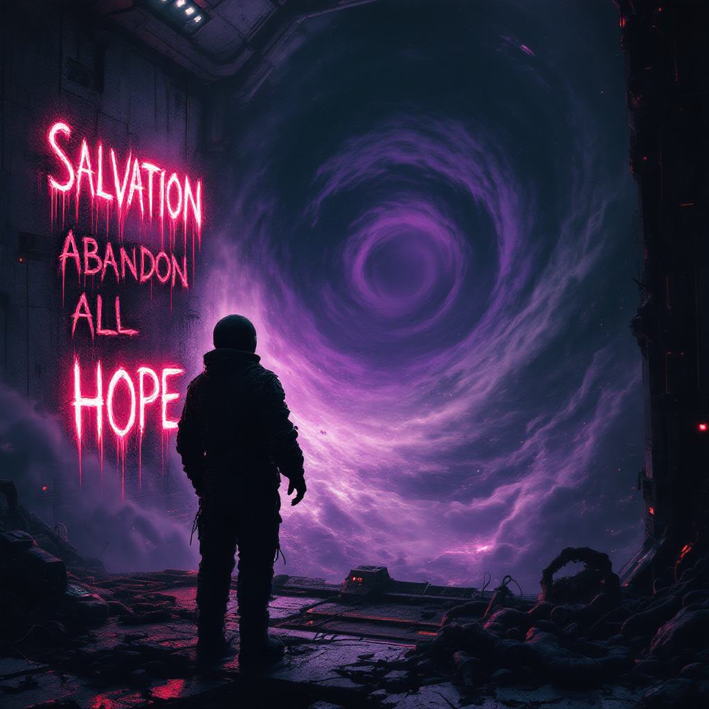 A lone figure stands before a swirling purple vortex in a dark landscape, beside neon words reading Salvation Abandon All Hope, reflecting the quote about giving up and going mad.