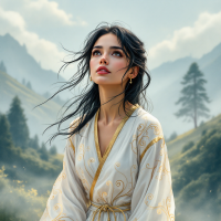 A young woman in a flowing, ornate white robe gazes upwards, surrounded by misty mountains, embodying resilience and acceptance from the quote: It's okay to not be okay.