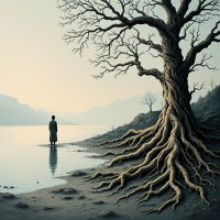 A solitary figure stands by a still lake, gazing at a large, gnarled tree with expansive roots, symbolizing the journey of facing and conquering fears, as reflected in the accompanying quote.