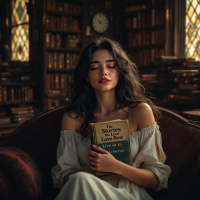 A woman seated in a cozy library holds a book titled The Stories We Love Best, embodying the quote about beloved stories living within us forever, surrounded by towering shelves of books.