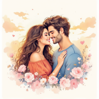 A joyful couple embraces, smiling tenderly amidst soft clouds and blooming flowers, embodying the quote Love conquers all in a warm, romantic atmosphere.