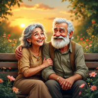 An elderly man and woman sit together on a bench in a flower-filled park, sharing joyful smiles as the sun sets behind them, embodying the quote: The greatest treasure is a good friend.