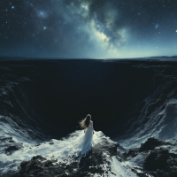 A solitary figure in a flowing white dress stands at the edge of a vast, dark chasm, under a starry sky, embodying the profound void left by each disappearance.