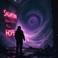 A lone figure stands before a swirling purple vortex in a dark landscape, beside neon words reading Salvation Abandon All Hope, reflecting the quote about giving up and going mad.