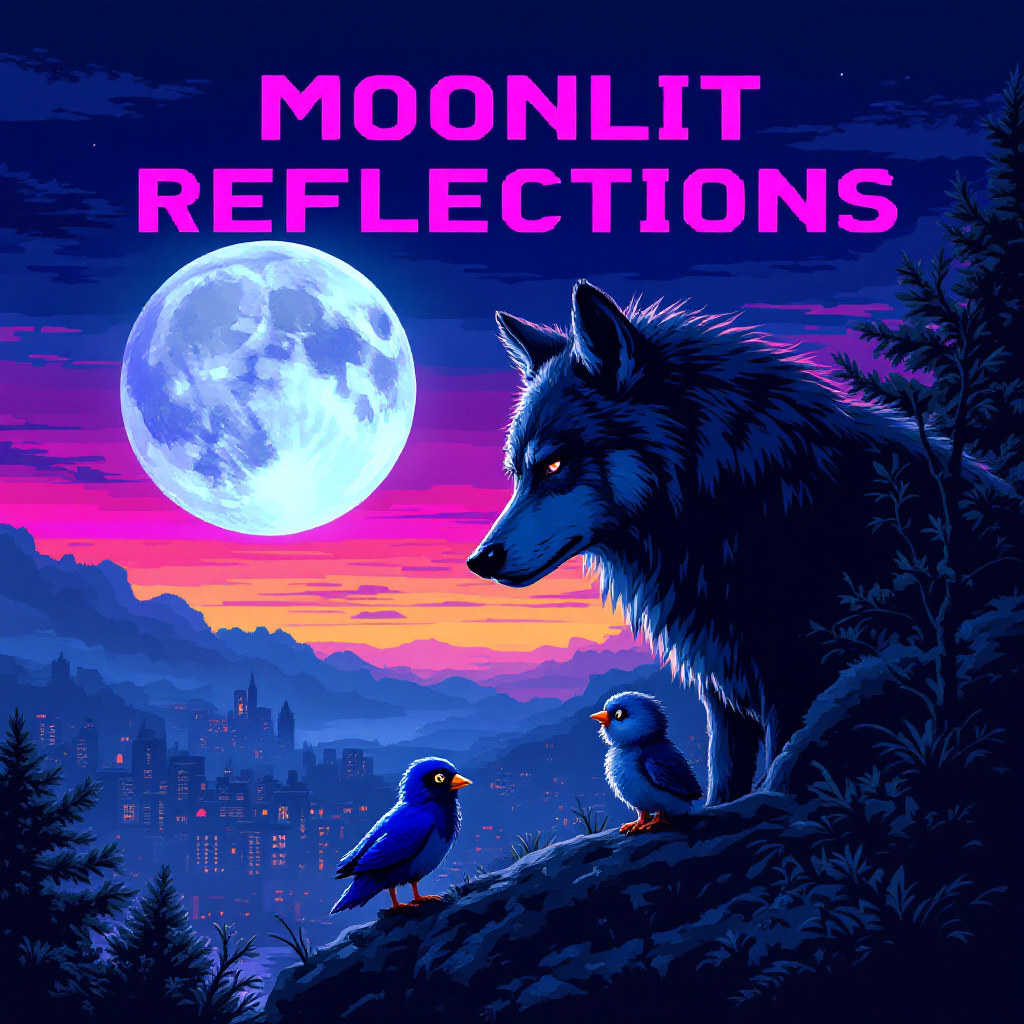 A majestic wolf gazes toward the moon, surrounded by lush trees, while two small birds perch nearby. A vibrant sunset casts a colorful glow over the serene landscape, echoing themes of reflection and strength.