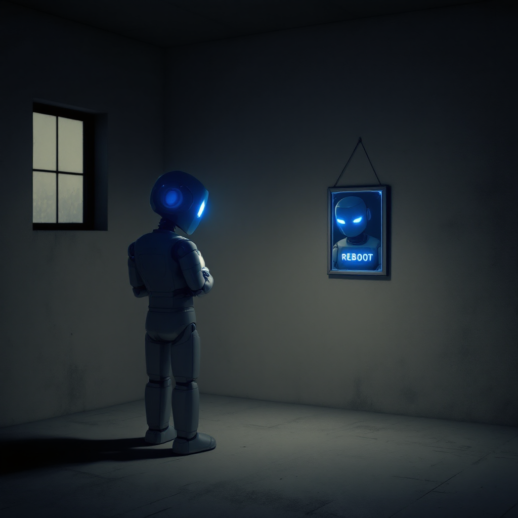 A robot stands in a dimly lit room, gazing at a mirror that reflects the message Accountability, symbolizing the quote about personal responsibility and self-improvement.