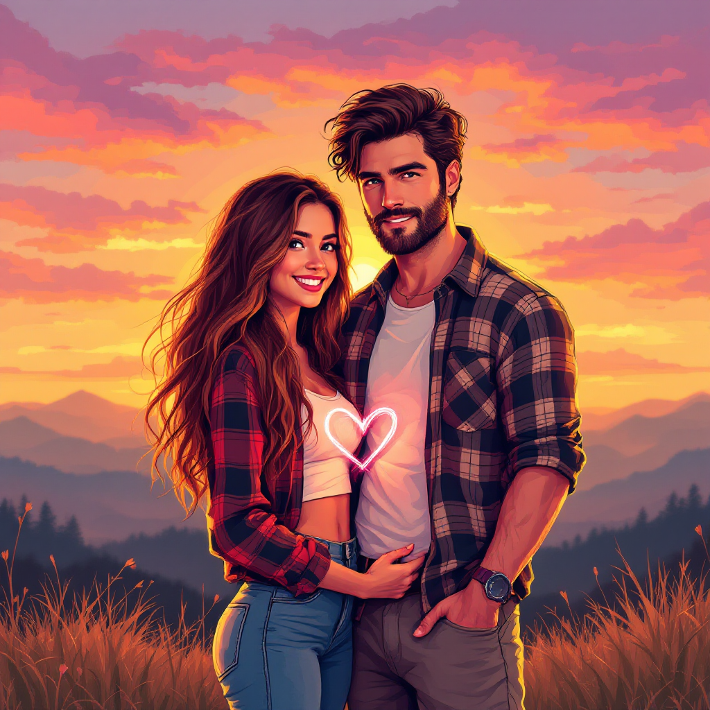 A couple stands together in a field at sunset, smiling warmly at each other, symbolizing love as a commitment, understanding, and presence, with a glowing heart between them.